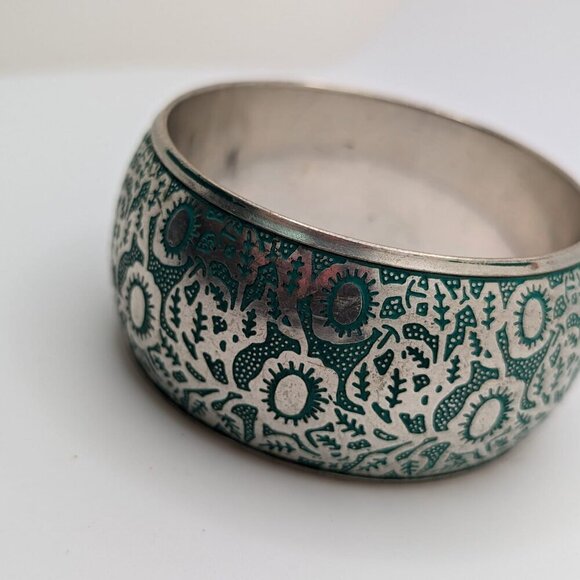Silver Plated Engraved in Blue Design Bangle Bracelet Aqua Vintage 7.5" - Picture 5 of 8